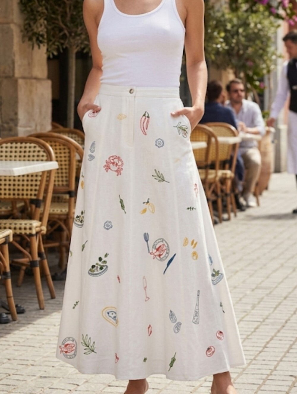 Caroline Constas White Maxi Skirt with Multicolor Embroidery